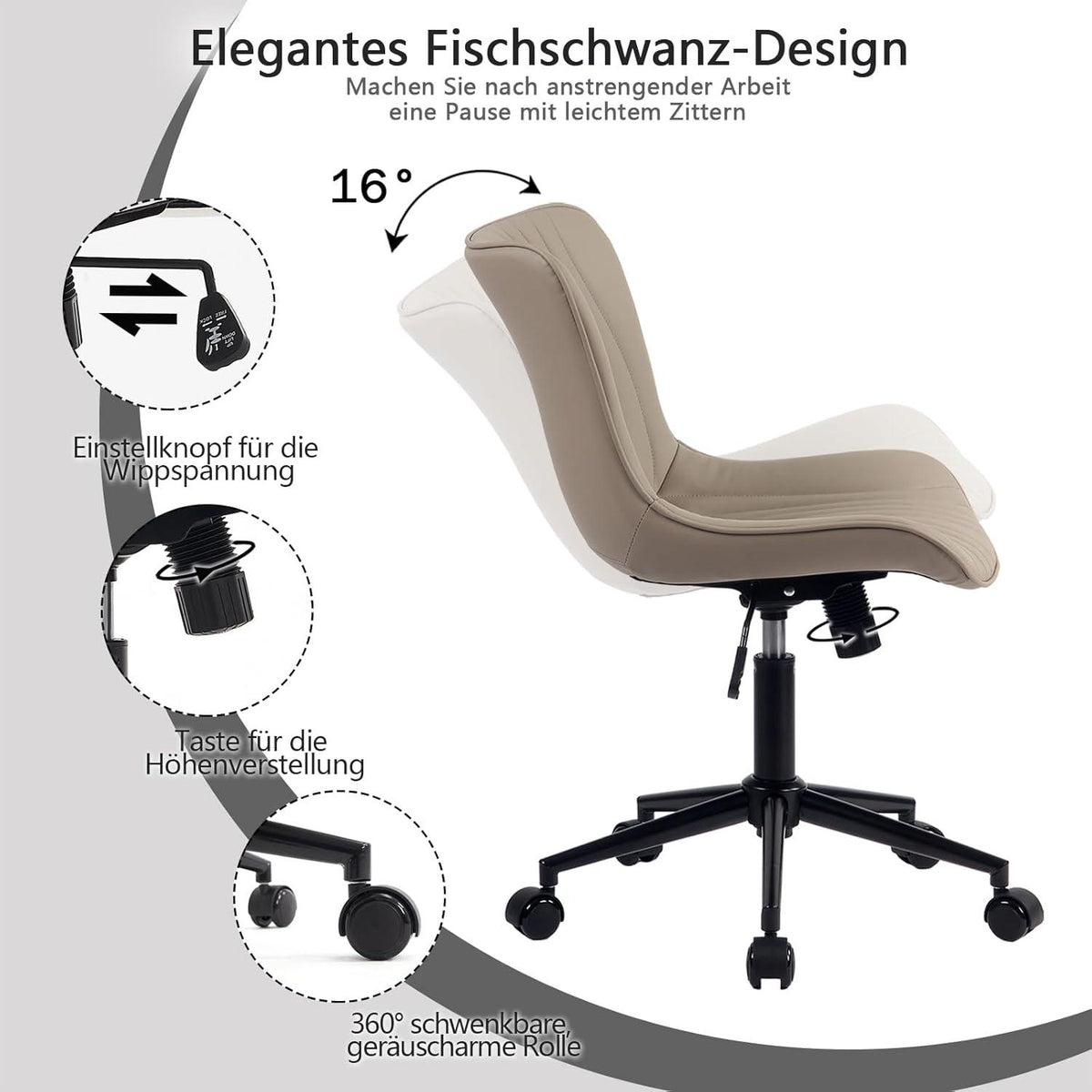 Ergonomischer Bürostuhl Drehstuhl Rollen Höhenverstellbarer Khaki