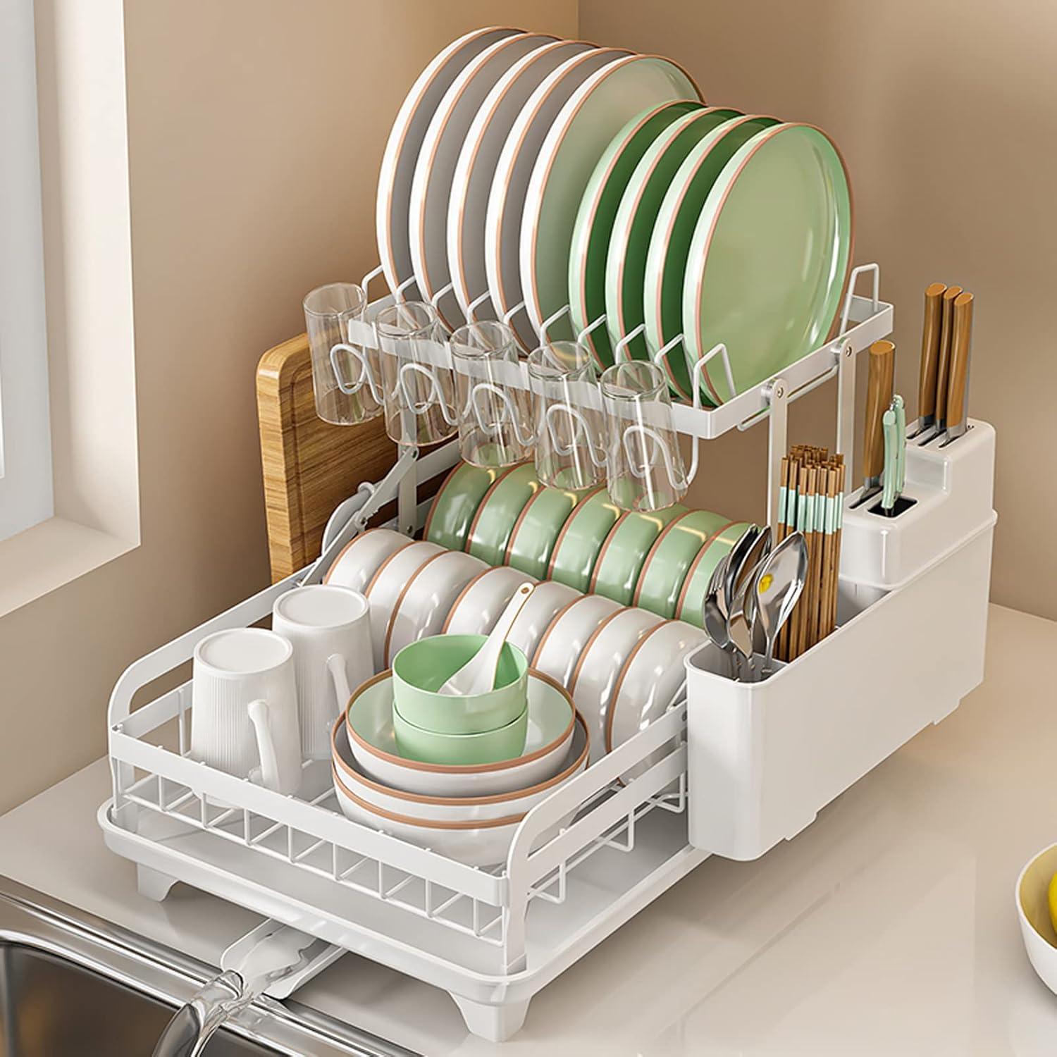 Abtropfgestell Geschirr Faltbarer Dish Drainer 2 Ebenen Utensilienhalter White