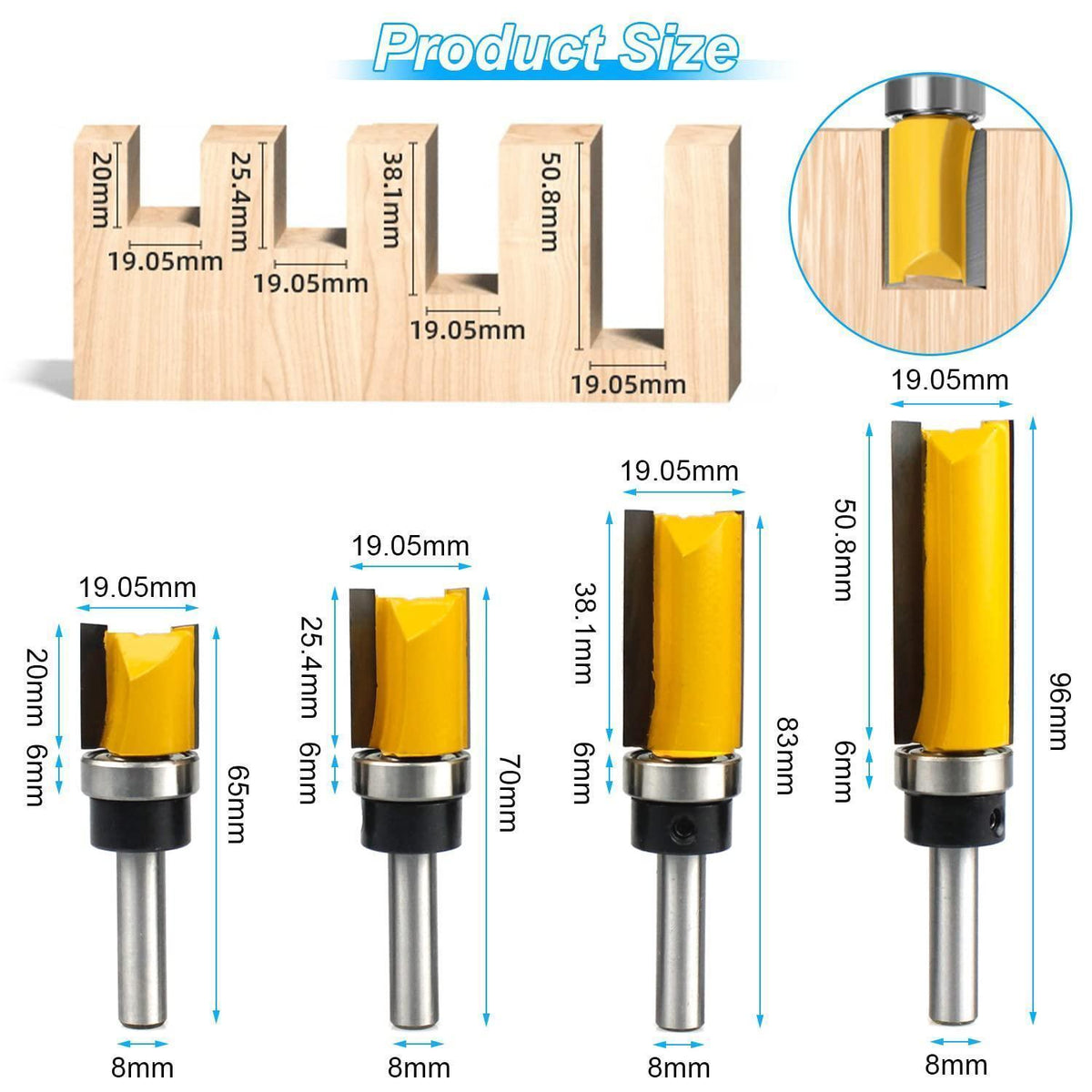 4er Set Bündigfräser 8mm Schaft mit Kugellager für Holzbearbeitung