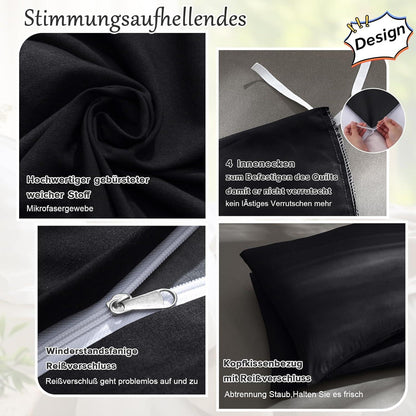 Bettwäsche-Set Mikrofaser Reißverschluss Schwarz 135x200 80x80