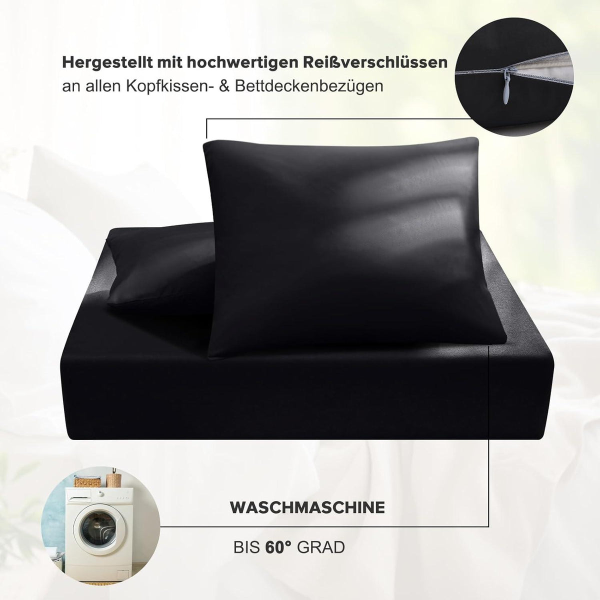 Bettwäsche 135x200 cm 2tlg Mikrofaser Schwarz Kissenbezug 80x80 cm