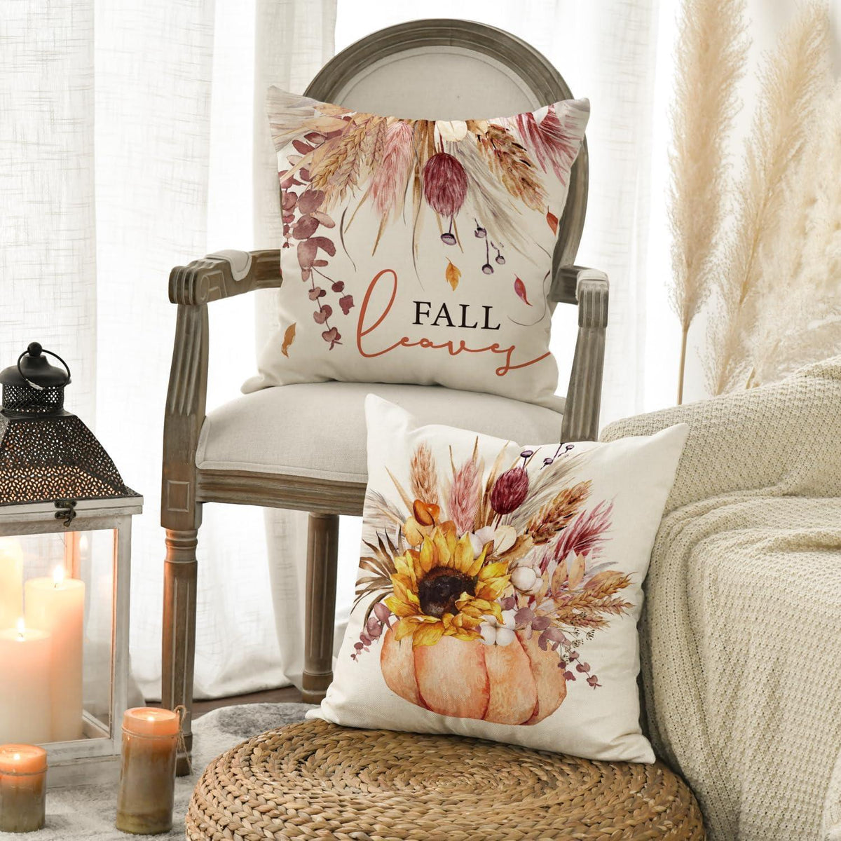 Herbst Kissenbezug Set Sonnenblumen Blätter Vase Kürbisse