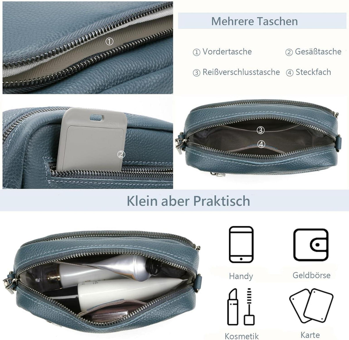 Damen Crossbody Bag Echtes Leder Umhängetasche Schultertasche Blau 3 Fächer