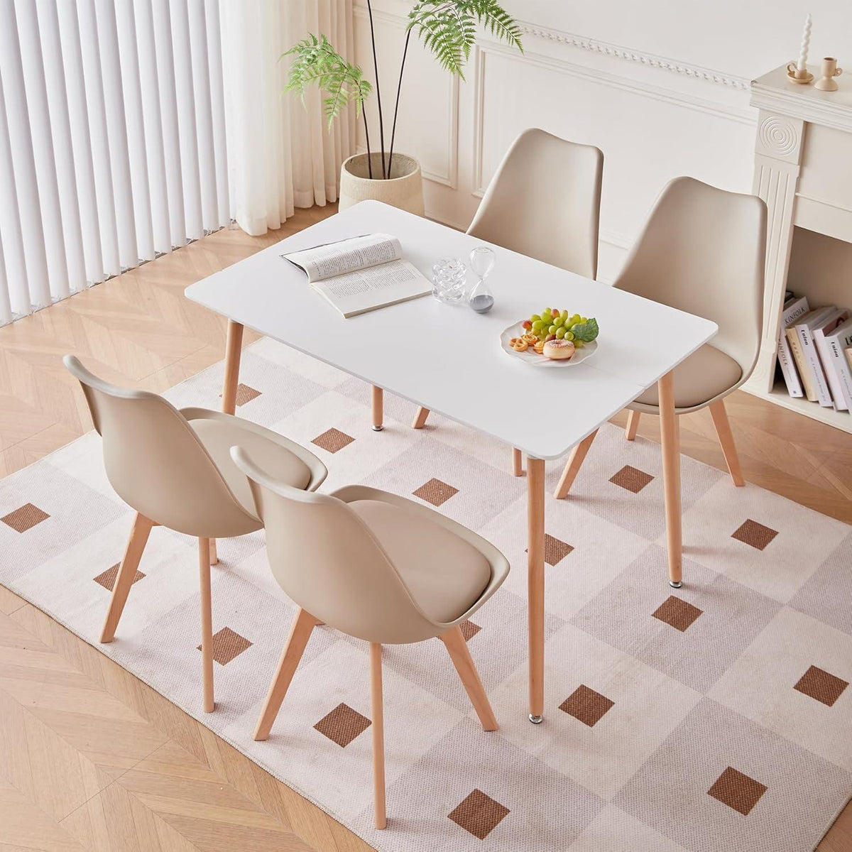 Esszimmerstuhl Set 8er – Weiß & Beige, Massivholzbeine
