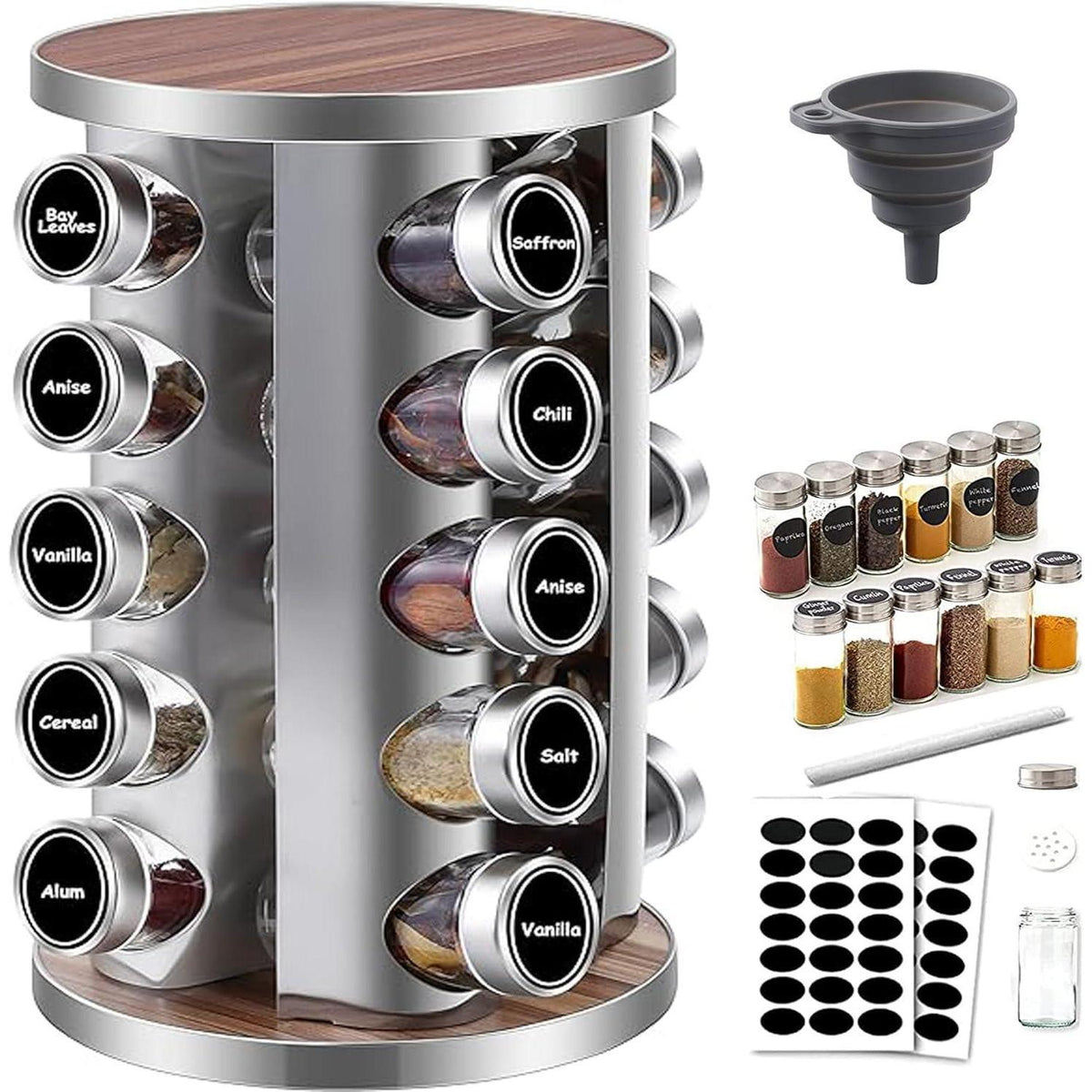 Drehbares Gewürzregal mit 20 Gläsern & Zubehör, Holzoptik