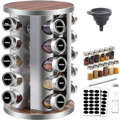 Drehbares Gewürzregal mit 20 Gläsern & Zubehör, Holzoptik