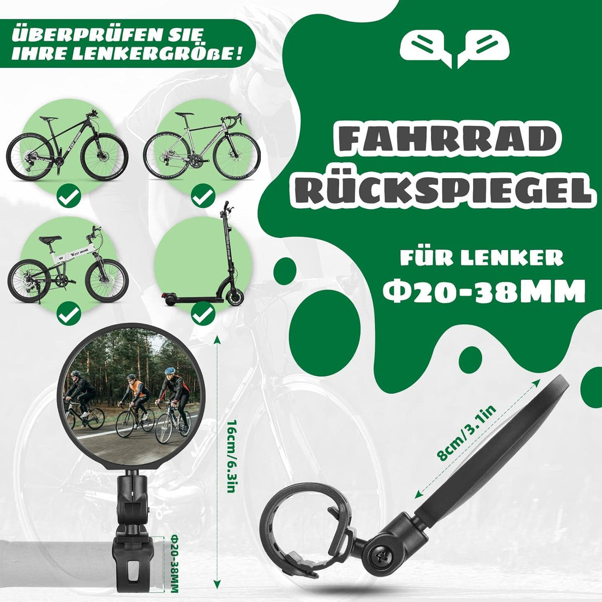 Fahrradspiegel 360° Drehbar Klappbar für Lenker 20-38mm (2