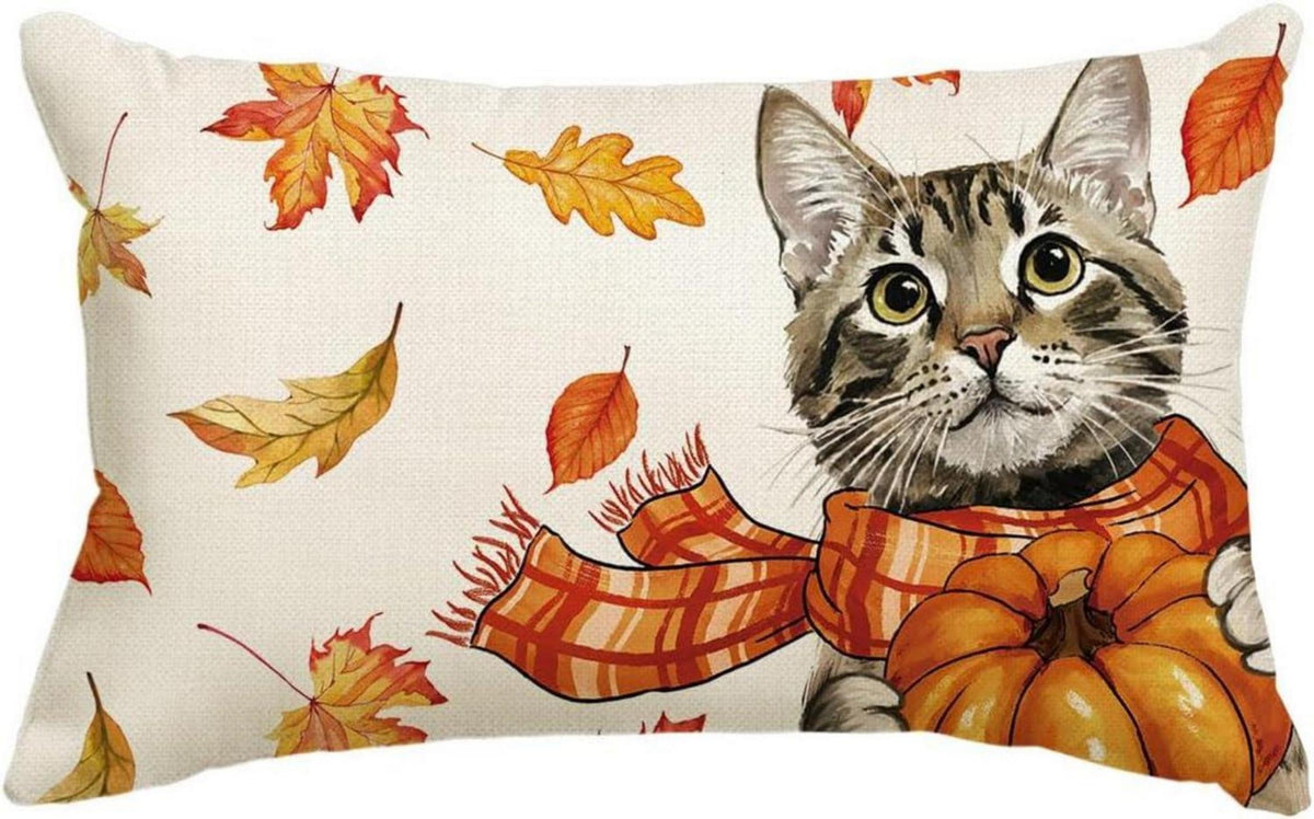 Kürbis Herbst Kissenbezug 30x50 cm Katze Ahornblätter Sofa Deko