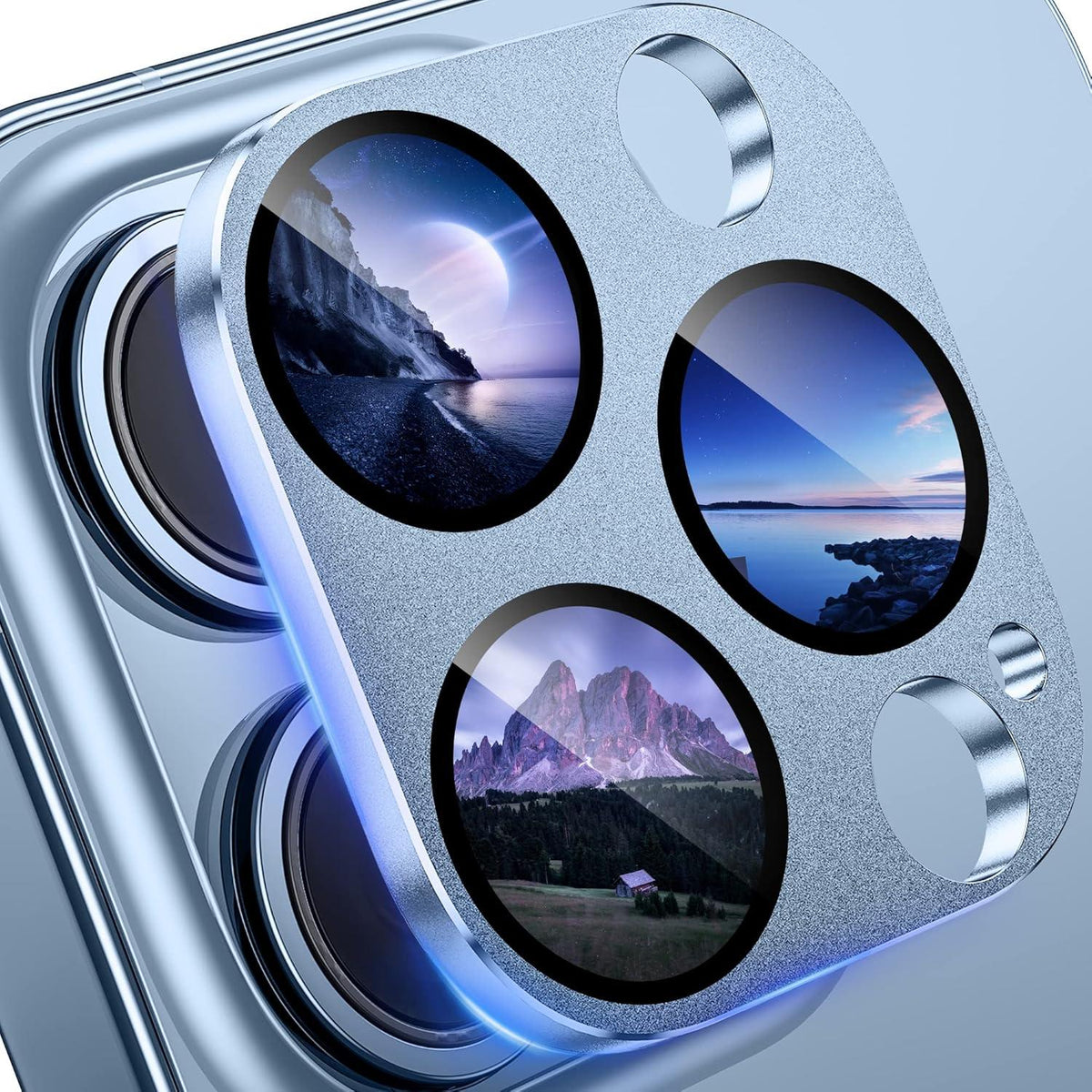 iPhone 13 Pro Max Kameraschutz, Kratzfestes Glas Cover, Sierrablau