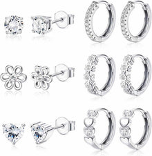 6 Paar Kleine Ohrringe Set 925 Silber Sleeper Herz Blume Creolen