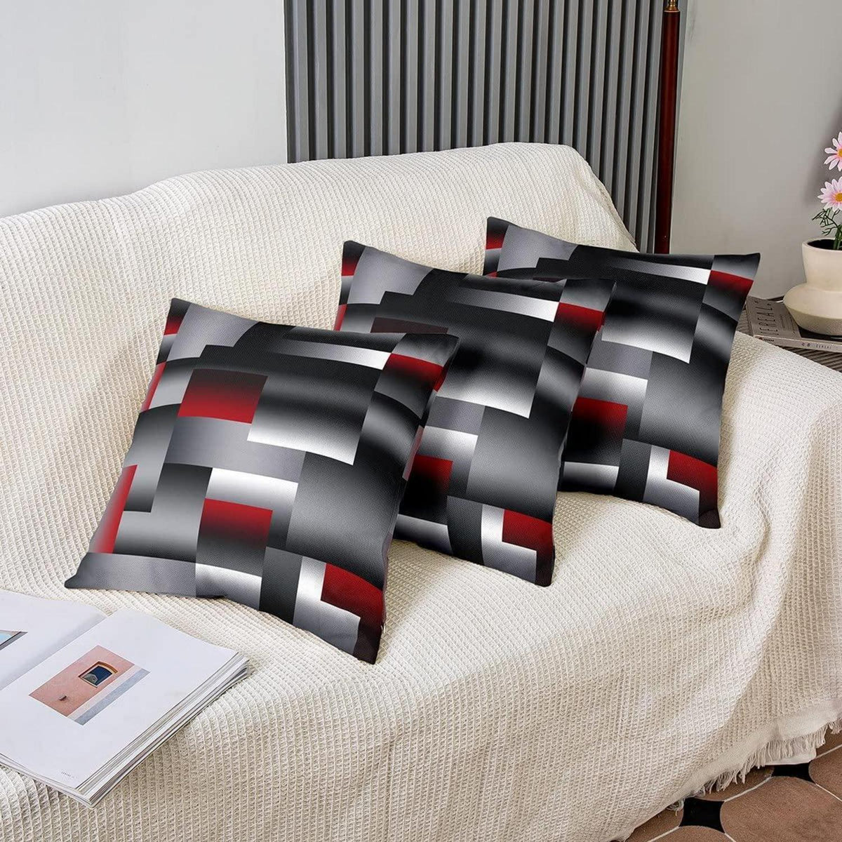 2er Set Geometrische Kissenbezüge 50x50cm Rot Grau Schwarz