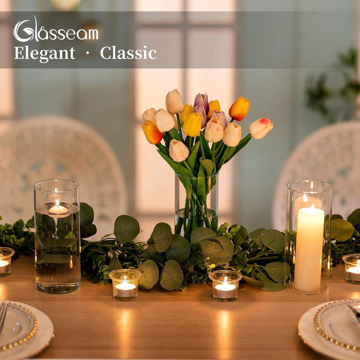 Moderne Glasvasen Set, 6-teilig, 20x8,5cm - Blumen & Kerzenhalter, minimalistische Tischdeko