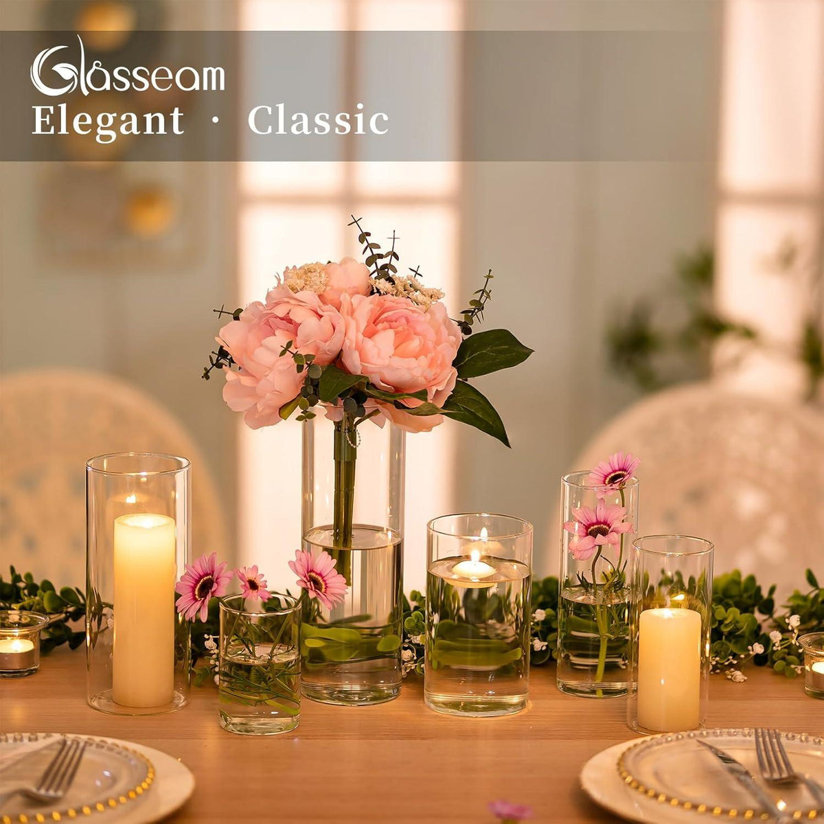 24er Set Glasvasen Zylindervasen Durchsichtig 10/15/20cm - Deko Blumenvasen Koφerücksendern Modern Hochzeit Bouquet