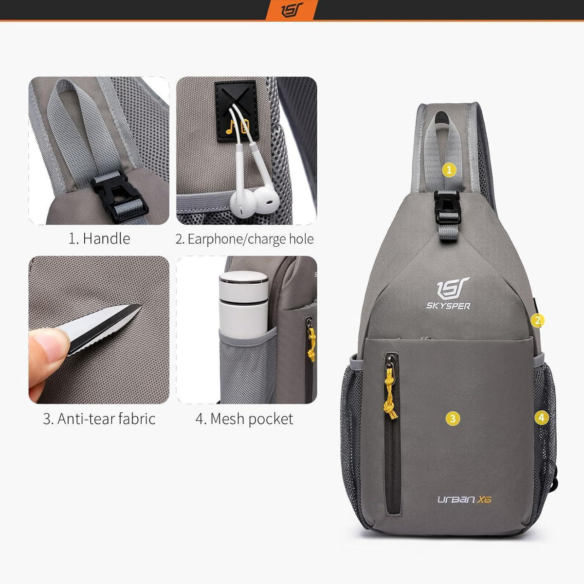 Leichte wasserfeste Sling Bag Khakigrau für Herren