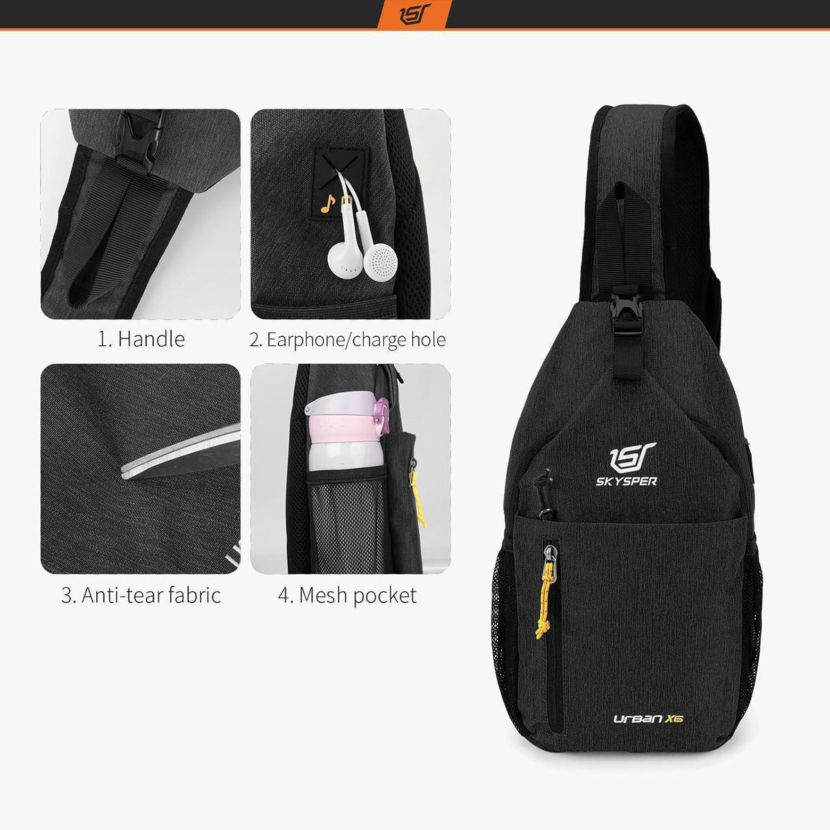 Leichte wasserfeste Sling Bag mit Kopfhörerloch für Damen & Herren