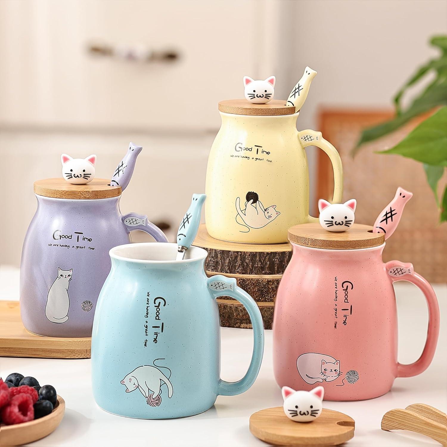 Niedliche Katze Becher 2er Set Keramik Weihnachtsgeschenk 500ml Blau Gelb