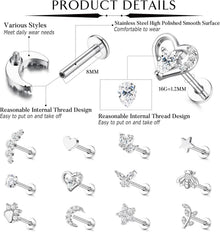 16G Tragus Helix Piercing Set 12 Stück Chirurgenstahl CZ
