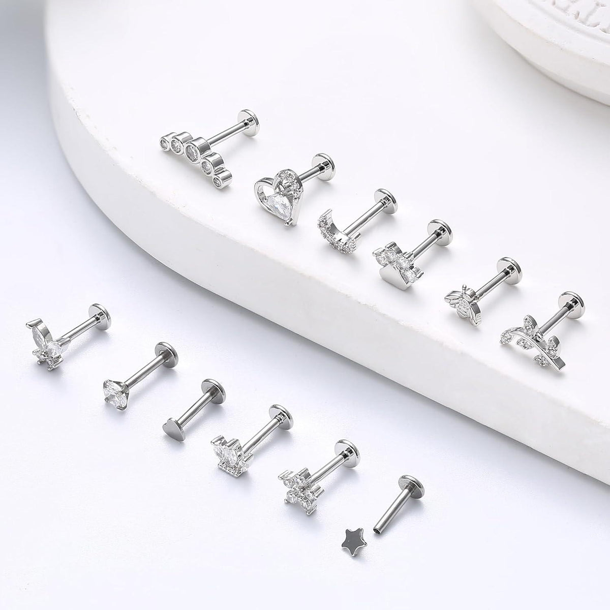 Tragus Helix Ohrringe Set Chirurgenstahl CZ Herz Stern Blatt 12er
