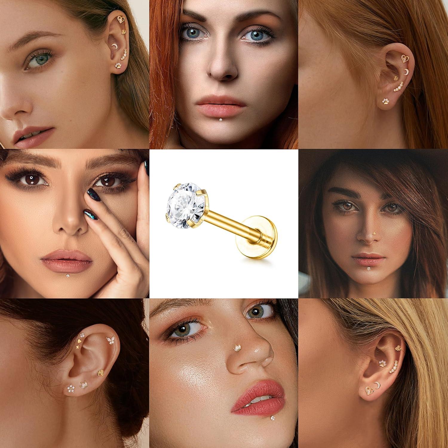 Tragus Helix Piercing Set 16G Chirurgenstahl CZ Mond Herz Stern Blatt Piercing Ohrringe 8mm Silber Gold