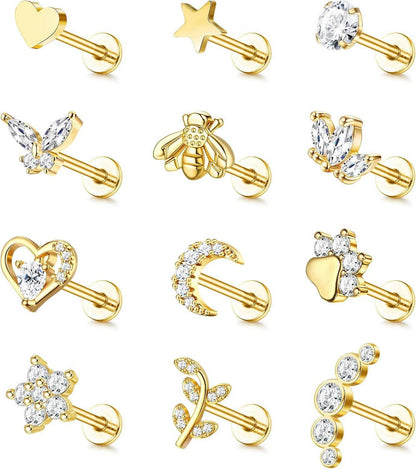 16G Chirurgenstahl Tragus Helix Piercing Set mit CZ in Silber/Gold