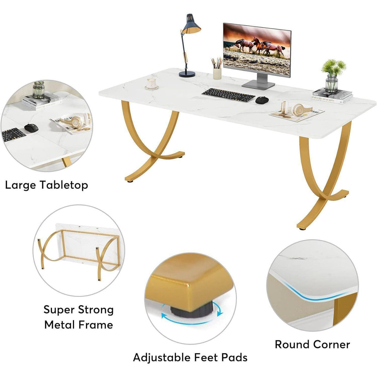 Moderner Schreibtisch Weiß & Gold | 160x80cm | PC-Tisch für Home Office