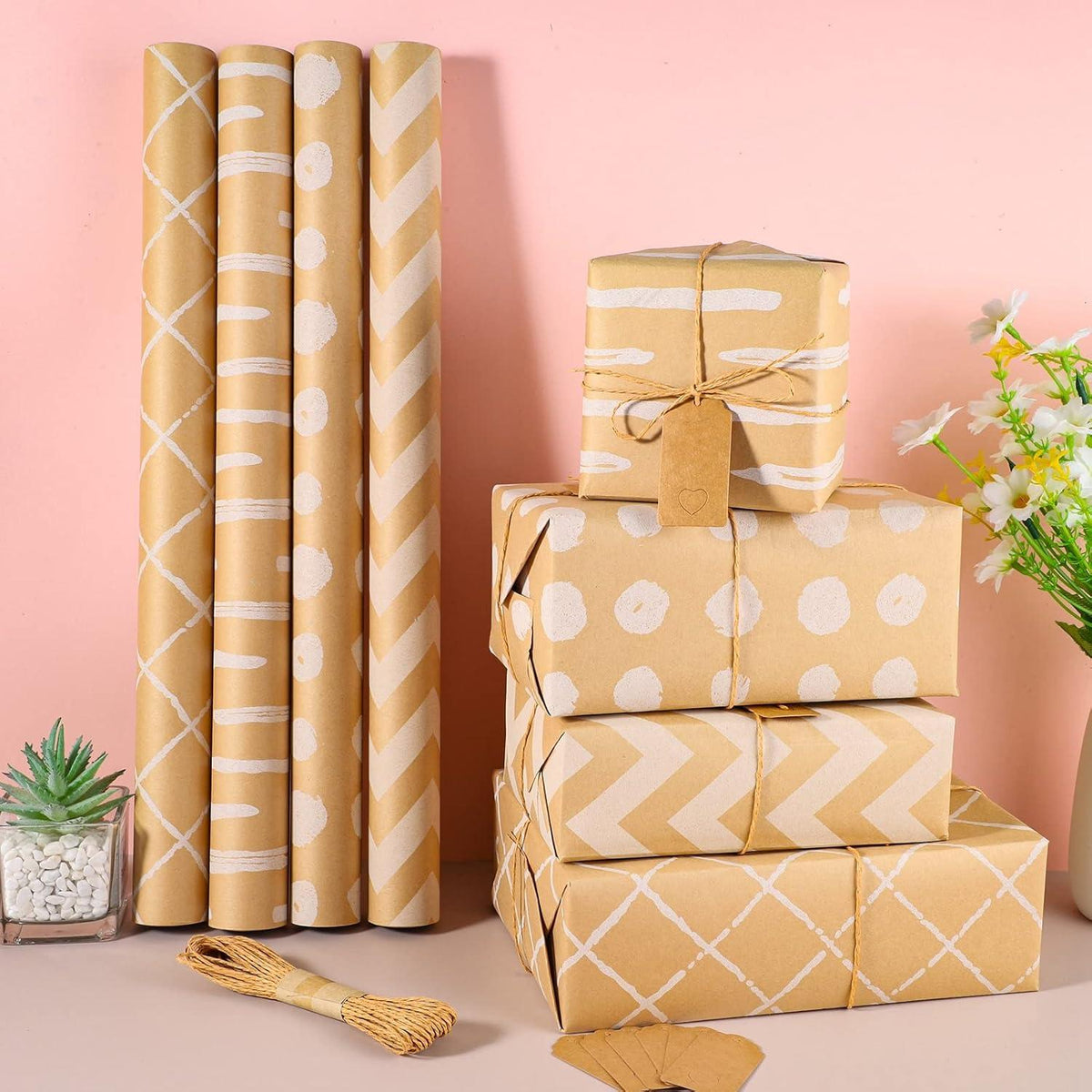 4er Set Kraftpapier Geschenkpapier Rollen Retro-Stil