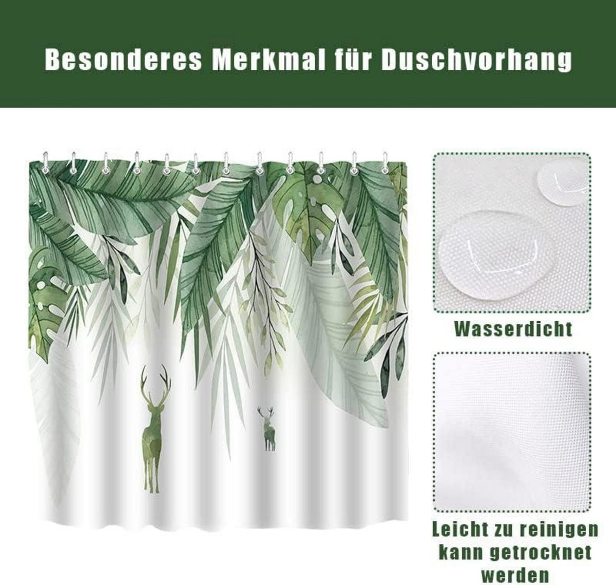 Duschvorhang 180x200 cm Grün Blätter Blumen Wasserdicht