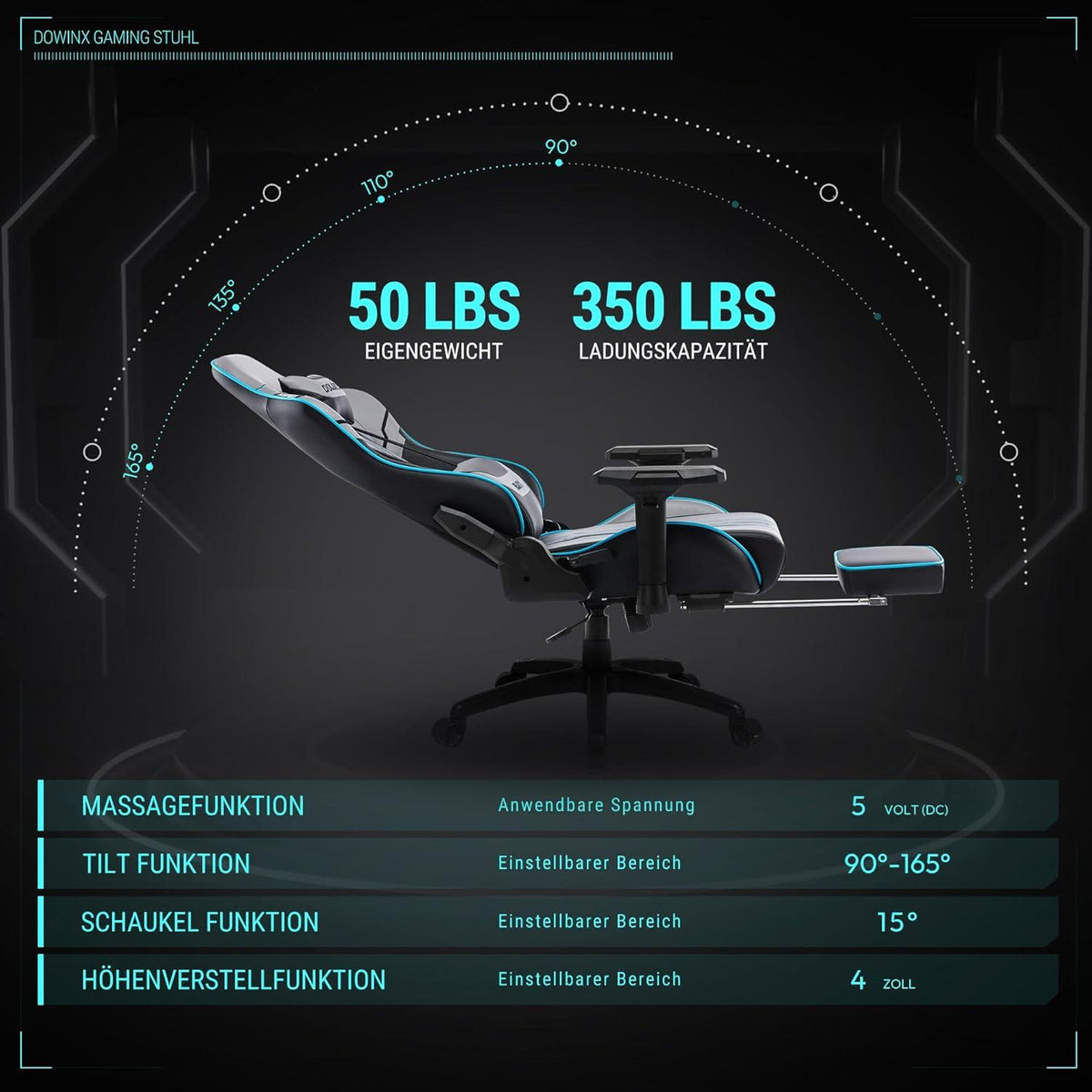 Ergonomischer Gaming Stuhl mit 4D Armlehnen und Fußstütze - Grau