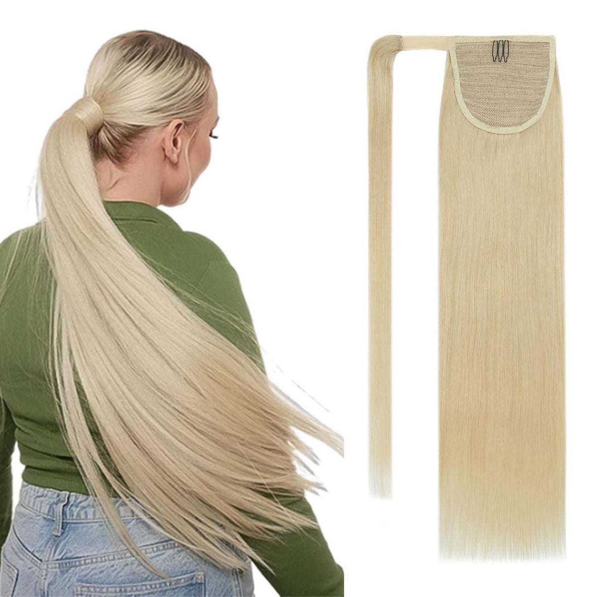 Echthaar Pferdeschwanz Extension glatt #613 hellblond 50cm