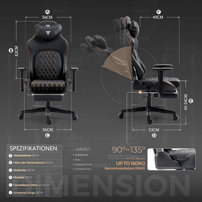 Ergonomischer Gaming Stuhl mit Fußstütze und 3D Armlehnen, 180 kg