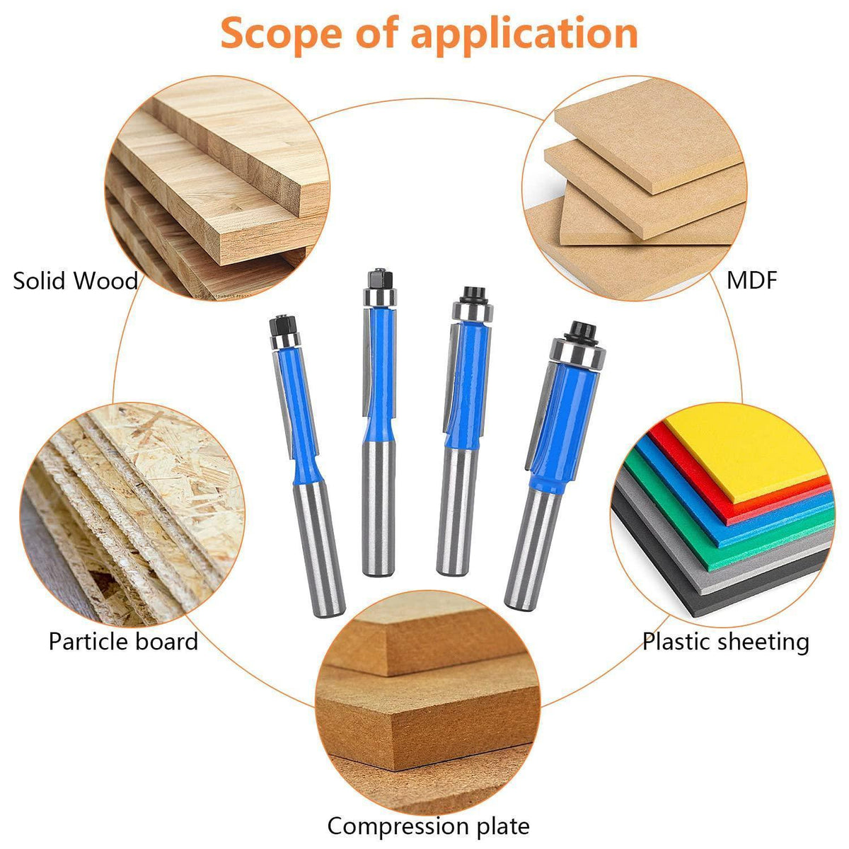 4er Bündigfräser Set 8mm Schaft mit Lagern für Holzbearbeitung