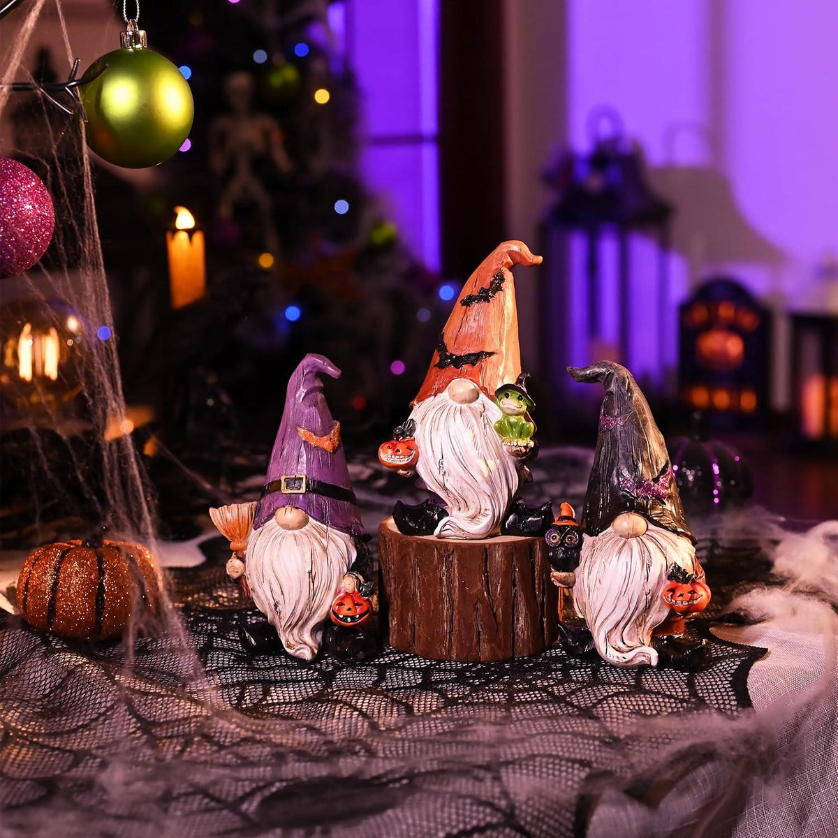 3er Set Halloween Deko Statuen mit Kürbis und Besen - Harz Ornamente Halloween Figuren