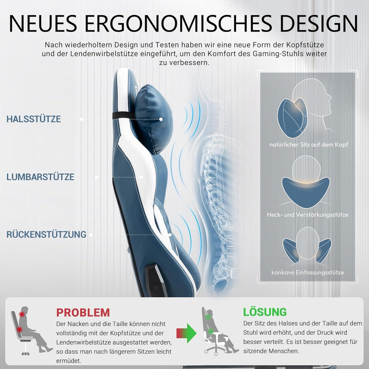 Gaming Stuhl Bürostuhl mit Fußstütze 3D Armlehnen ergonomisch Blau