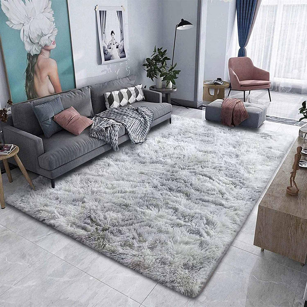 Hochflor Teppich Grau Weiß 250x300 cm, Flauschig & Rutschfest