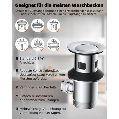 Waschbecken Ablaufgarnitur mit Zugstange und Überlauf 1 1/4 Zoll