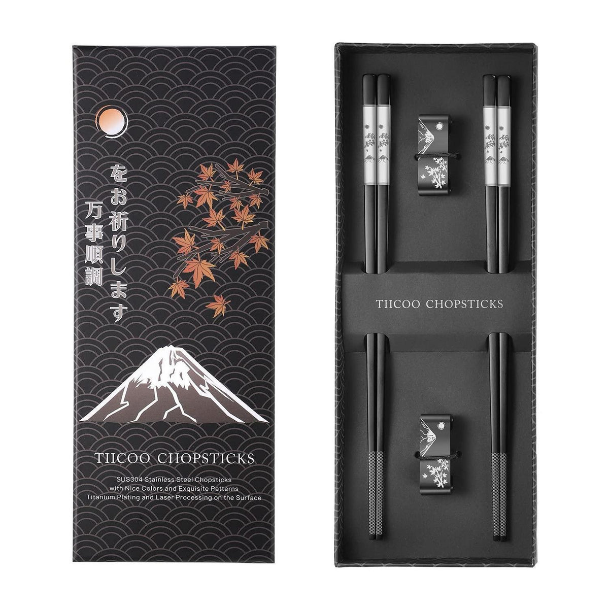 Wiederverwendbare Essstäbchen Set Titan Edelstahl mit Halter (Schwarz)