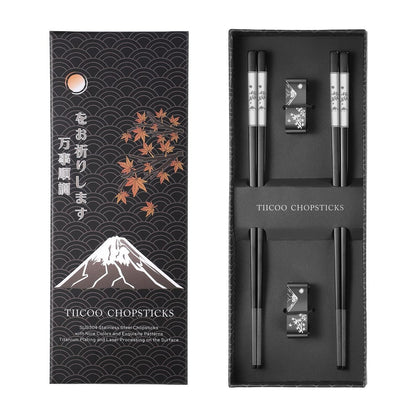 Wiederverwendbare Essstäbchen Set Titan Edelstahl mit Halter (Schwarz)