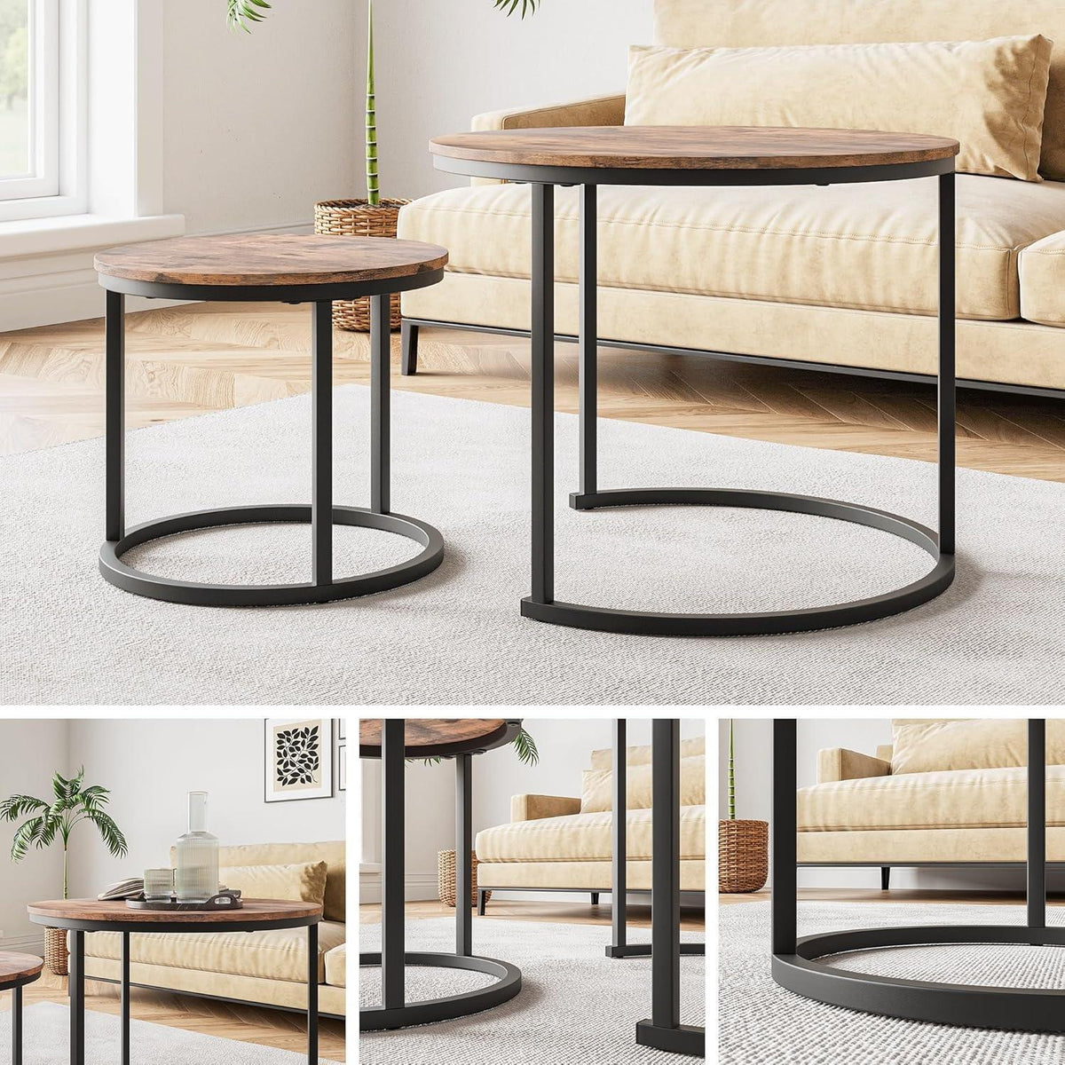 Runder Couchtisch 2er-Set, Metallrahmen, Braun