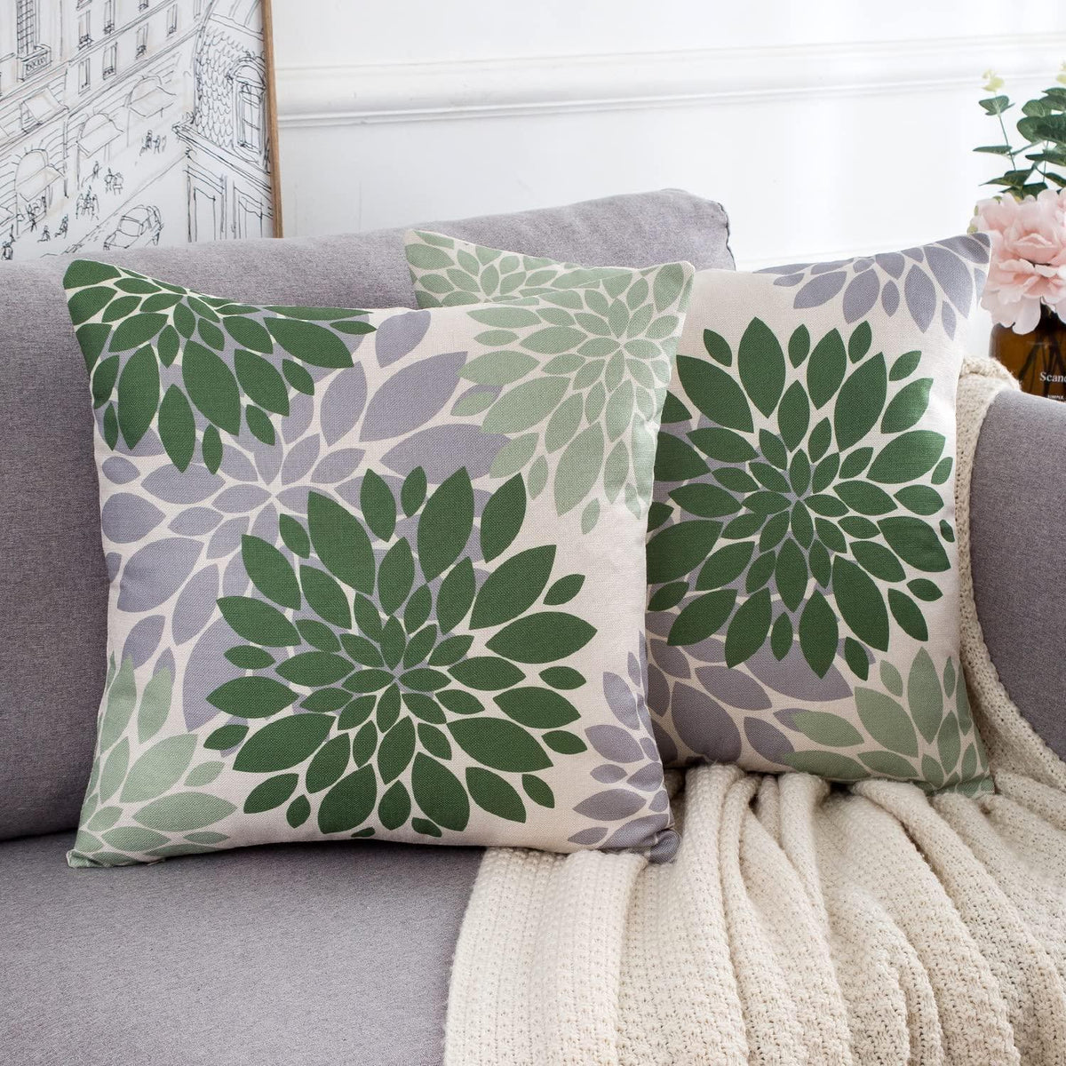 2x Kissenbezug Leinen 45x45 cm Dahlie Blumen Grün Grau