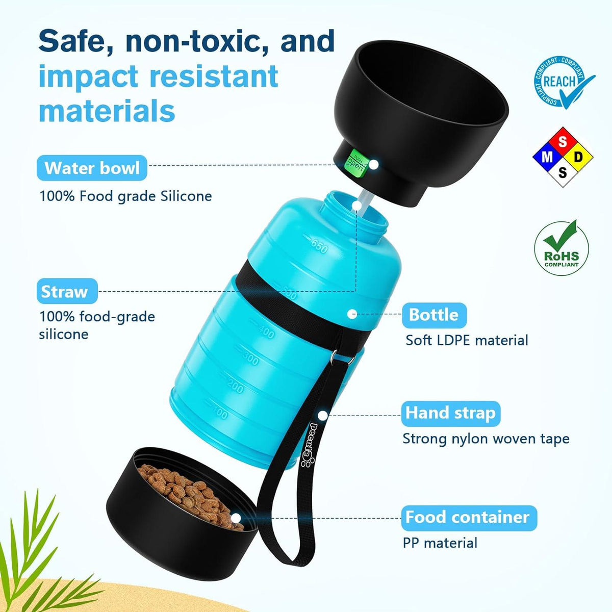 Pecute Hunde Wasserflasche 650ml mit Lebensmittelbehälter 3-in-1 Blau