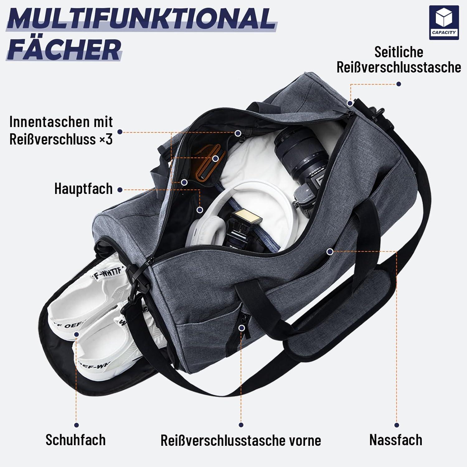 Sporttasche 25L Duffel Bag, Handgepäcktasche mit Schuhfach