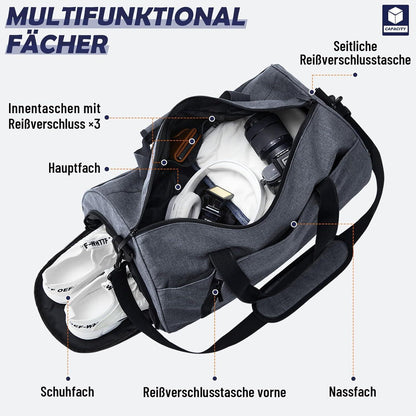 Sporttasche 25L Duffel Bag, Handgepäcktasche mit Schuhfach