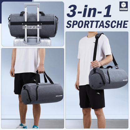 Sporttasche 25L für Damen und Herren mit Schuhfach und Nassfach, grau