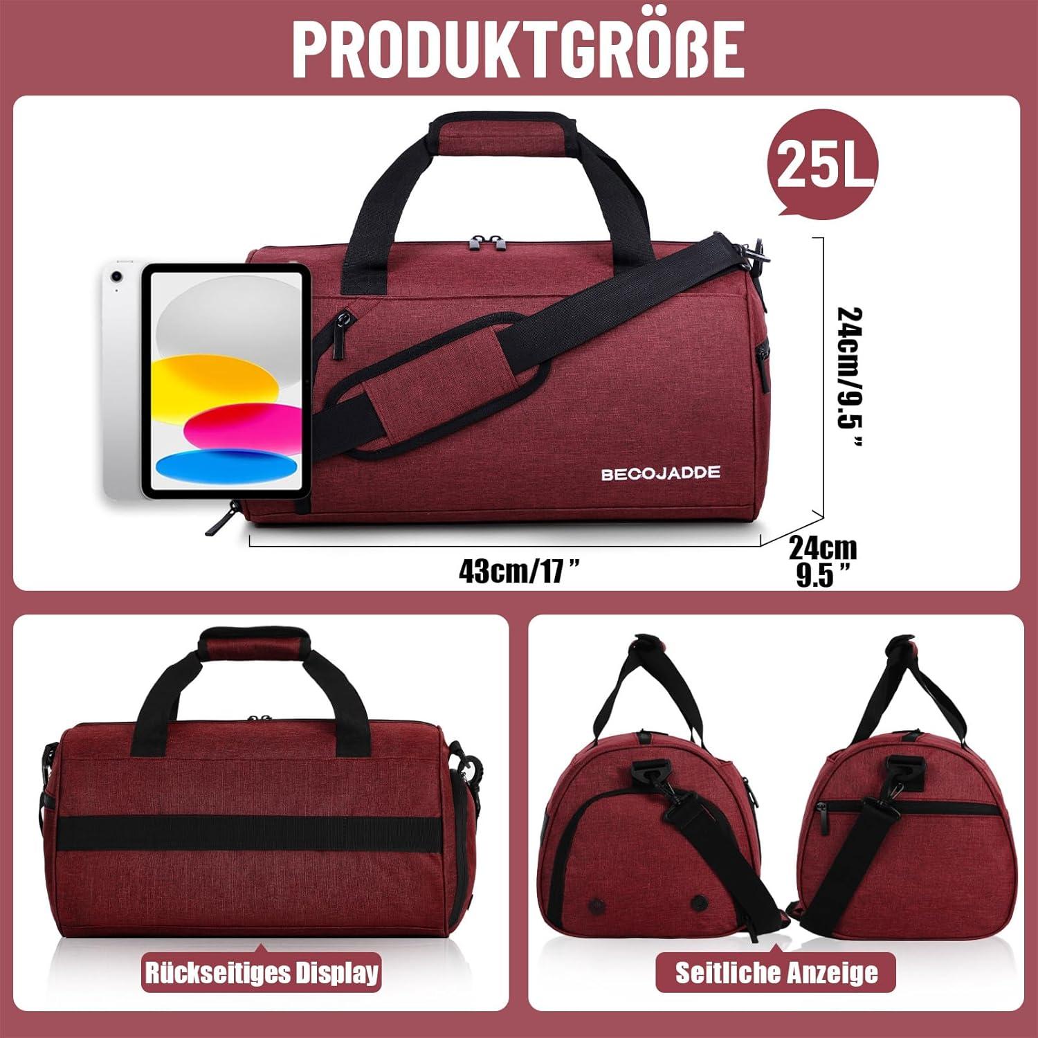 Sporttasche Damen Herren 25L Reisetasche Duffel Bag Rotwein