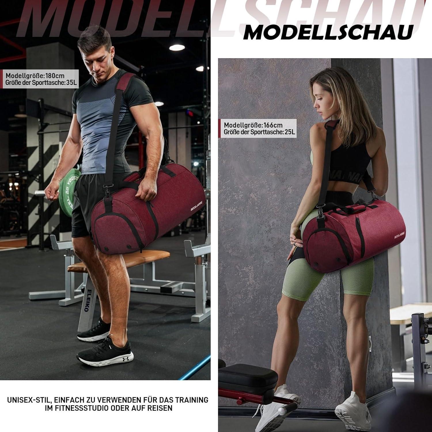 Sporttasche für Damen und Herren 25L Rotwein Fitness Reisetasche mit