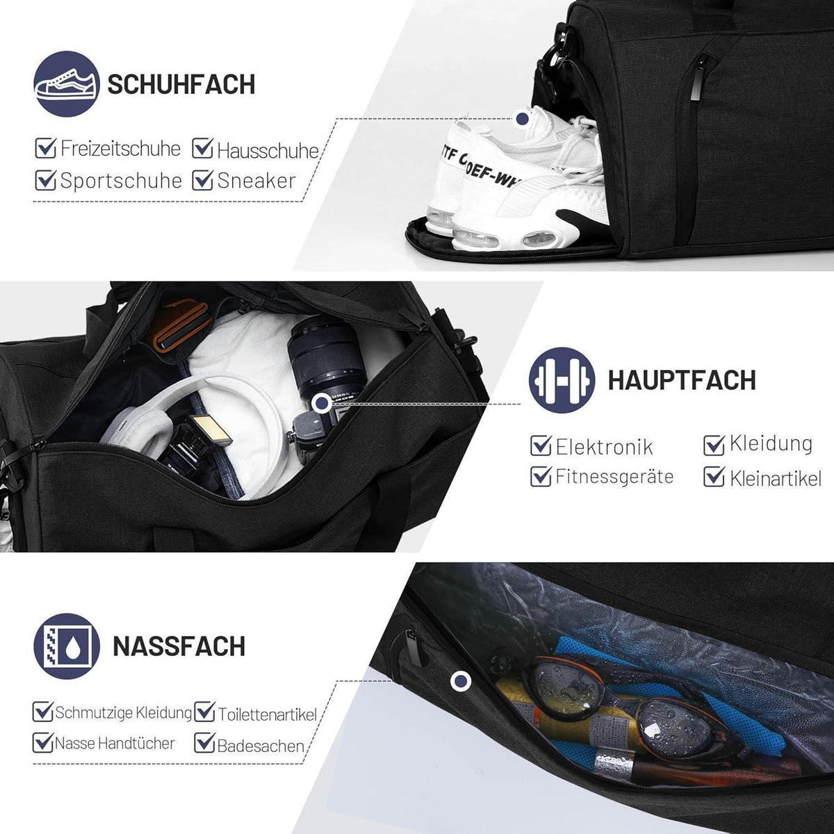 Sporttasche mit Schuhfach & Nassfach, 25L Schwarz