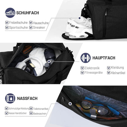 Sporttasche mit Schuhfach & Nassfach, 25L Schwarz