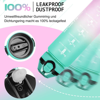 Sport Trinkflasche 1L BPA-frei mit Strohhalm Zeitmarkierungen