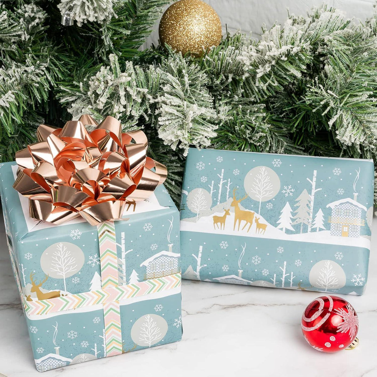Weihnachtsgeschenkpapier Mini-Rolle Blau Rentier-Streifen 43,2 cm