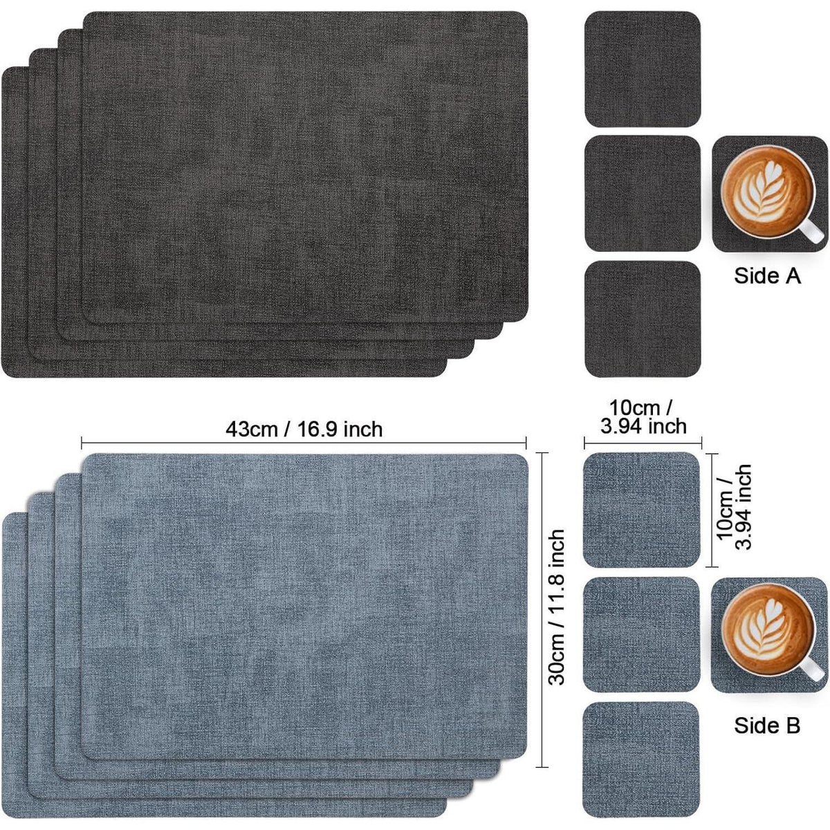 Platzsets Abwaschbar 4er Set Grau Hellblau in Lederoptik